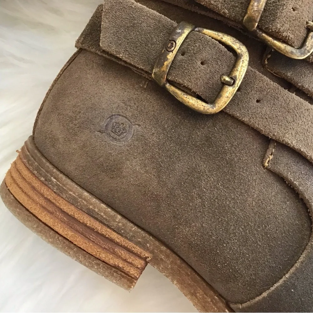 Born Brown Taupe Suede Ankle Boots with Brass Buckle Detail Woman’s Size 8